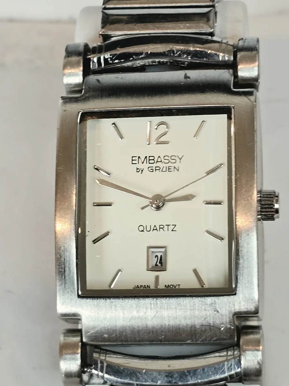 Embassy by Gruen Stainless Rectangular Silver Watch - White Dial